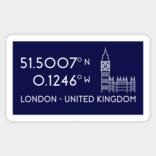 London Map Coordinates (latitude and longitude) focused on Big Ben - white text + image Magnet